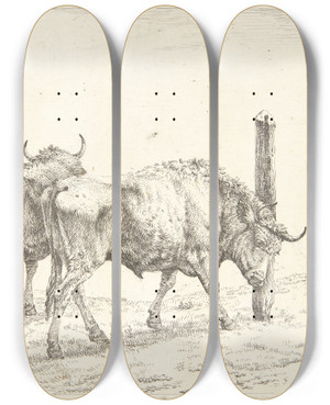 Triptych art skateboard deck of Karel Dujardin To Okser by Karel Dujardin (1622-1678)