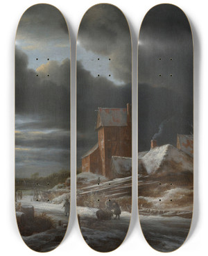 Triptych art skateboard deck of Jacob Van Ruisdael Winter Landscape_1 by Jacob Van Ruisdael (1628-1682)
