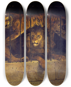 Triptych art skateboard deck of Francesco Hayez Selfportrait With Tiger And Lion by Francesco Hayez (1791-1882)
