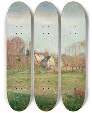 Triptych art skateboard deck of Camille Pissarro Field And Mill At Osny by Camille Pissarro (1830-1903)