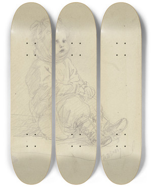Triptych art skateboard deck of Wilhelm Amandus Beer Sitting Toddler by Wilhelm Amandus Beer (1837-1907)