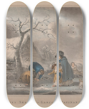 Triptych art skateboard deck of George Morland Boys Skating by George Morland (1763-1804)