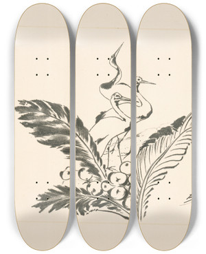 Triptych art skateboard deck of Flix Bracquemond Trois Grues Derrire De Grandes Feuilles by Felix Bracquemond (1833-1914)