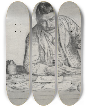 Triptych art skateboard deck of William Strang Selfportrait The Etcher by William Strang (1859-1921)