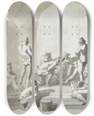 Triptych art skateboard deck of Henry Tresham Playing At Dice Trepani by Henry Tresham (1750-1814)