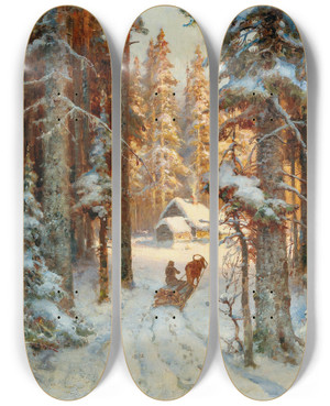 Triptych art skateboard deck of Julius Sergius Klever Woodcutters Returning Home by Julius Sergius Klever (1850-1924)