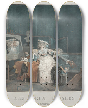 Triptych art skateboard deck of Philibertlouis Debucourt The Two Kisses by Philibert-Louis Debucourt (1755-1832)