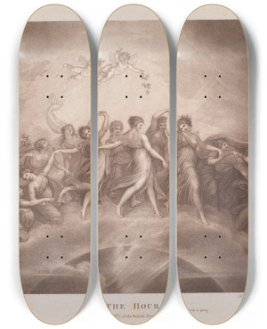 Triptych art skateboard deck of Maria Cosway The Hours by Maria Cosway (1760-1838)