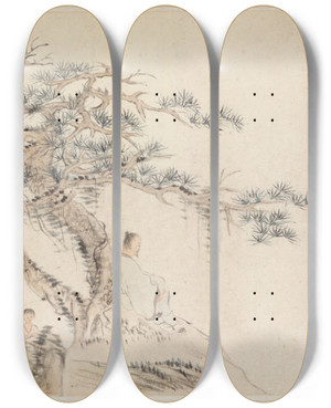 Triptych art skateboard deck of Hua Yan An Old Man Sits Under A Pine Tree A Boy Is Behind A Stone by Hua Yan (1682-1765)
