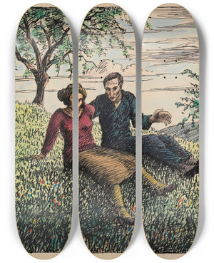 Triptych art skateboard deck of Karl Wiener Unterredung Im Grase by Karl Wiener (1901-1949)