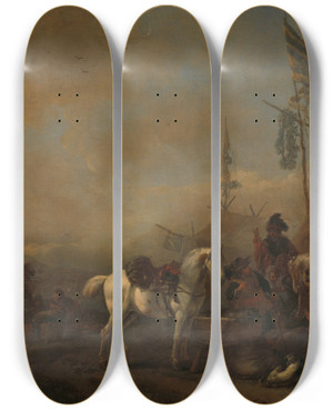 Triptych art skateboard deck of Philips Wouwerman An Army Camp by Philips Wouwerman (1619-1668)