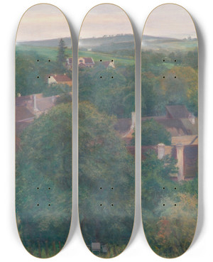 Triptych art skateboard deck of Rudolf Bacher Abenddmmerung In Obersievering by Rudolf Bacher (1862-1945)