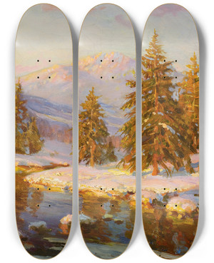 Triptych art skateboard deck of Constantin Westchiloff Winter Sunset by Constantin Westchiloff (1877-1945)