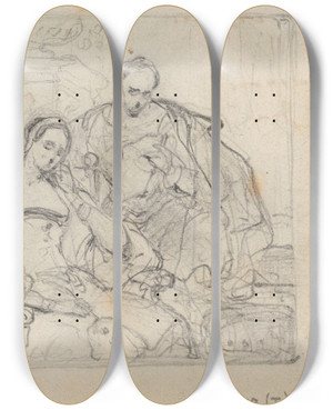 Triptych art skateboard deck of Nicaise De Keyser Torquato Tasso Reading A Poem From Jerusalem Delivered To Leonora Deste by Nicaise De Keyser (1813-1887)
