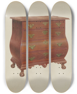 Triptych art skateboard deck of Alfred H Smith Bombe Front Chest Of Drawers by Alfred H Smith