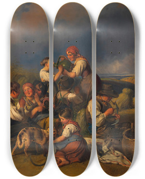 Triptych art skateboard deck of Johann Matthias Ranftl Rast Der Schnitter by Johann Matthias Ranftl (1804-1854)
