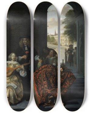 Triptych art skateboard deck of Pieter De Hooch A Music Party by Pieter De Hooch (1629-1684)