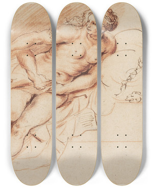 Triptych art skateboard deck of Willem Panneels Halvt Lnende Kvinde Efter Lukretia by Willem Panneels (1600-1634)