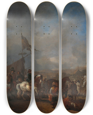 Triptych art skateboard deck of Philips Wouwerman A Horse Fair Near An Army Camp by Philips Wouwerman (1619-1668)