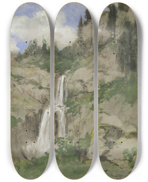Triptych art skateboard deck of Hans Thoma Landschaft Mit Wasserfall Dekoration Zu Einem Puppentheater by Hans Thoma (1839-1924)