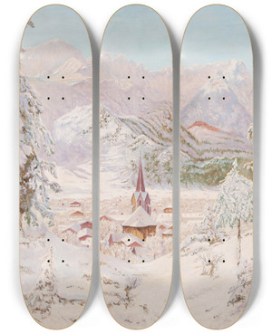 Triptych art skateboard deck of Eduard Kasparides Blick Auf Garmischpartenkirchen by Eduard Kasparides (1858-1926)