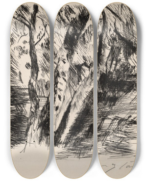 Triptych art skateboard deck of Lovis Corinth Birch Trees In The Tiergarten by Lovis Corinth (1858-1925)