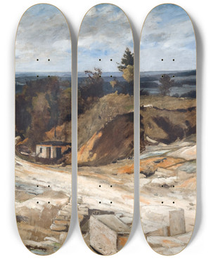 Triptych art skateboard deck of Carl Fredrik Hill Stonequarry By The River Oise Ii by Carl Fredrik Hill (1849-1911)