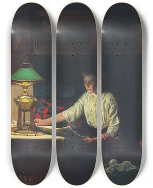 Triptych art skateboard deck of Fritz Kraul Interir Med Kvinde Der Lser Avis I Lampeskr 1914 by Fritz Kraul (1862-1935) Triptych art skateboard deck of Fritz Kraul Interir Med Kvinde Der Lser Avis I Lampeskr 1914 by Fritz Kraul (1862-1935)