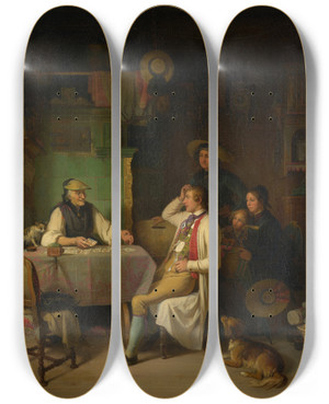 Triptych art skateboard deck of Johann Baptist Kirner The Fortuneteller by Johann Baptist Kirner (1806-1866)