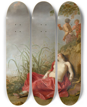 Triptych art skateboard deck of Dirck Van Der Lisse A Hunting Nymph Asleep by Dirck van der Lisse (1607-1669)