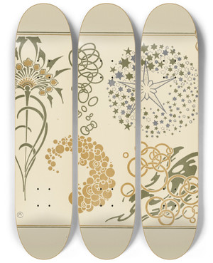 Triptych art skateboard deck of Alphonse Mucha Abstract Design Based On Stars Circles Leaves by Alphonse Mucha (1860-1939)