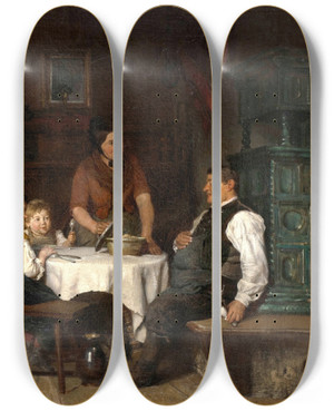 Triptych art skateboard deck of Felix Schlesinger Der Festbraten by Felix Schlesinger (1833-1910)