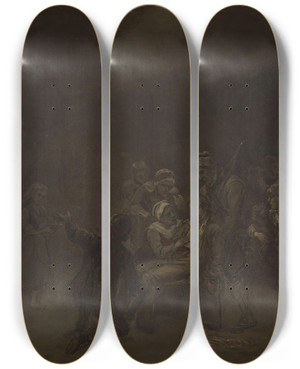 Triptych art skateboard deck of Adolph Tidemand Sketch For The Return Of The Bear Hunter by Adolph Tidemand (1814-1876)