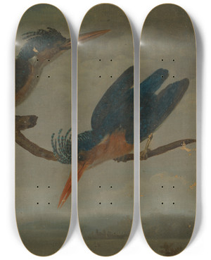 Triptych art skateboard deck of James Sowerby Two Kingfishers Beside A Lake_1 by James Sowerby (1757-1822)