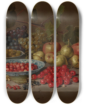 Triptych art skateboard deck of Floris Van Schooten Plates Of Cherries And Wild Strawberries With Grapes Apples Pears Plums And Other Fruits On A Stone Ledge by Floris Van Schooten (1590-1655)