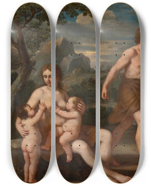 Triptych art skateboard deck of Giacinto Gimignani Adam And Eve With Cain And Abel by Giacinto Gimignani (1606-1681)