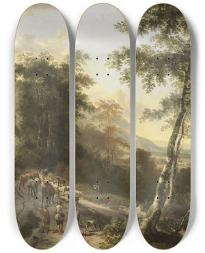 Triptych art skateboard deck of Jan Hackaert Landscape With Cattle Drivers by Jan Hackaert (1629-1700)