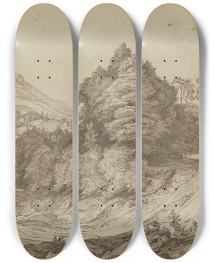 Triptych art skateboard deck of Jacob Esselens Gebirgslandschaft Mit Wald Links Am Weg Ein Sitzender Und Ein Stehender Mann by Jacob Esselens (1626-1687)