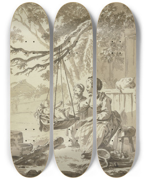 Triptych art skateboard deck of Jeanbaptiste Le Prince The Cradle by Jean-Baptiste Le Prince (1734-1781)