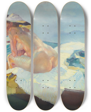 Triptych art skateboard deck of Leo Putz Im Kahn The Rowboat by Leo Putz (1869-1940)