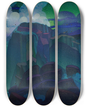 Triptych art skateboard deck of Raymond Jonson Rock At Sea by Raymond Jonson (1891-1982)