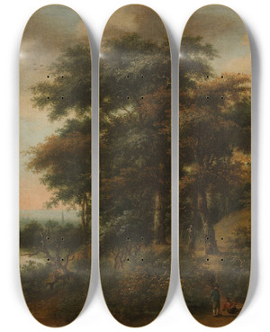 Triptych art skateboard deck of Antonie Waterloo Wooded Landscape by Antonie Waterloo (1609-1690)