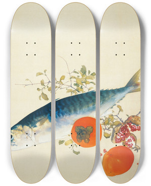 Triptych art skateboard deck of Takeuchi Seih Autumn Fattens Fish And Ripens Wild Fruits by Takeuchi Seiho (1864-1942)