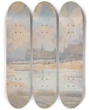 Triptych art skateboard deck of Alexander Marcette Het Strand Van Oostende by Alexander Marcette (1853-1929)
