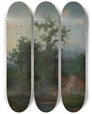 Triptych art skateboard deck of Emil Lugo Bergsee Mit Storch by Emil Lugo (1840-1902)