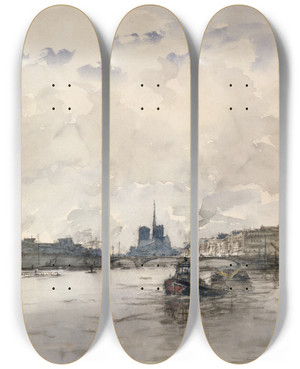 Triptych art skateboard deck of Frank Myers Boggs Vue De La Cit En Amont Du Quai Henri Iv by Frank Myers Boggs (1855-1926)