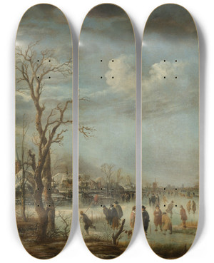 Triptych art skateboard deck of Aert Van Der Neer Winter Landscape Near A Town With Bare Trees by Aert van der Neer (1603-1677)