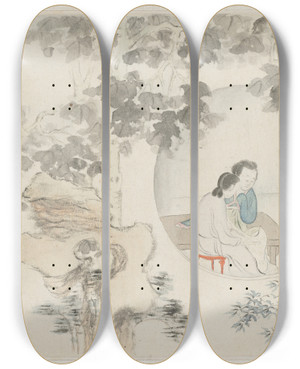 Triptych art skateboard deck of Hua Yan Two Women Sit At A Table Within A Circle Visible In A Landscape by Hua Yan (1682-1765)