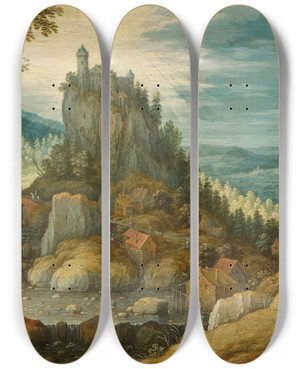 Triptych art skateboard deck of Marten Ryckaert Landscape With A Fortress by Marten Ryckaert (1587-1631)