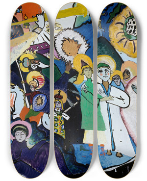 Triptych art skateboard deck of Wassily Kandinsky All Saints Day I by Wassily Kandinsky (1866-1944)
